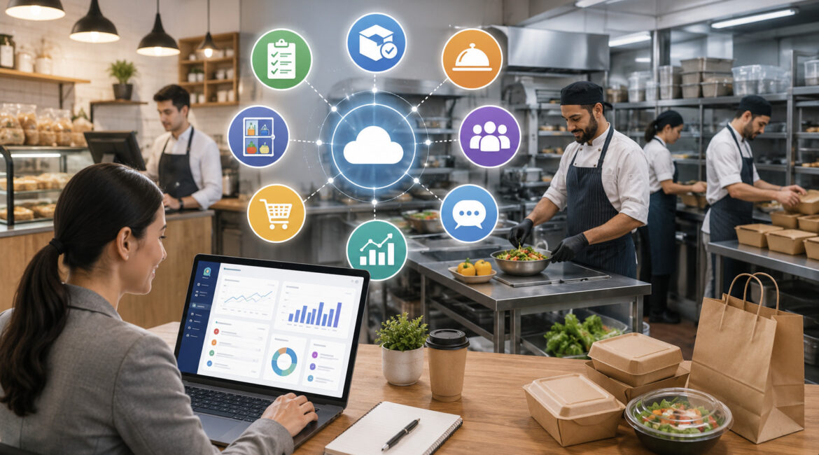Food service manager implementing cloud-based restaurant management software