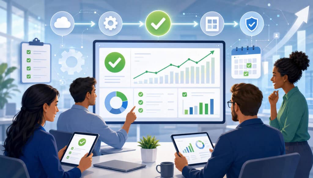 Team reviewing implementation success metrics and performance dashboards