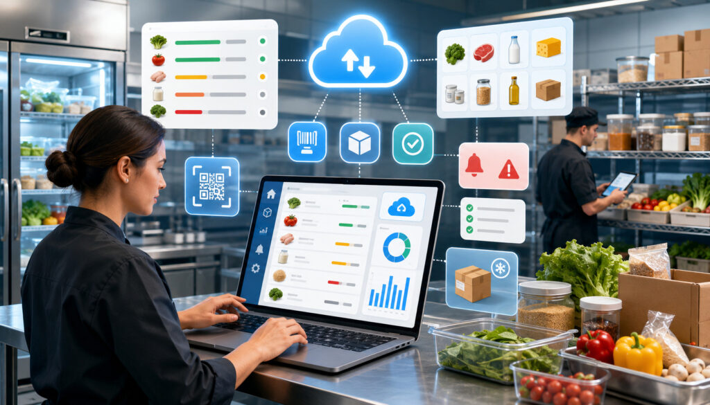 Food service manager using a cloud-based inventory system in a commercial kitchen