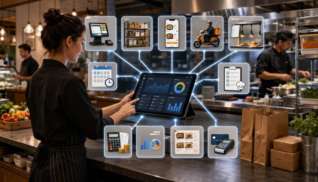 Integrated food service tools connecting POS, inventory, delivery, scheduling, and analytics