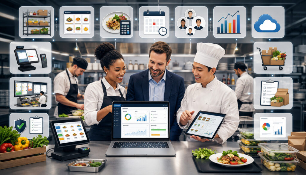Food service team using management software features