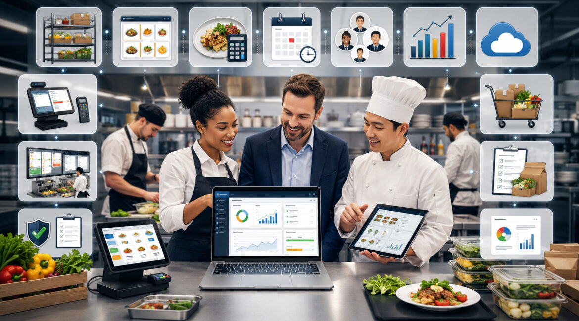 Food service team using management software features