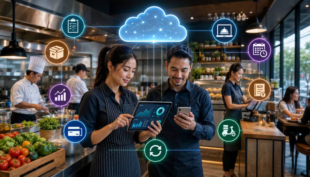 Mobile and cloud-based food service tools in a modern restaurant kitchen