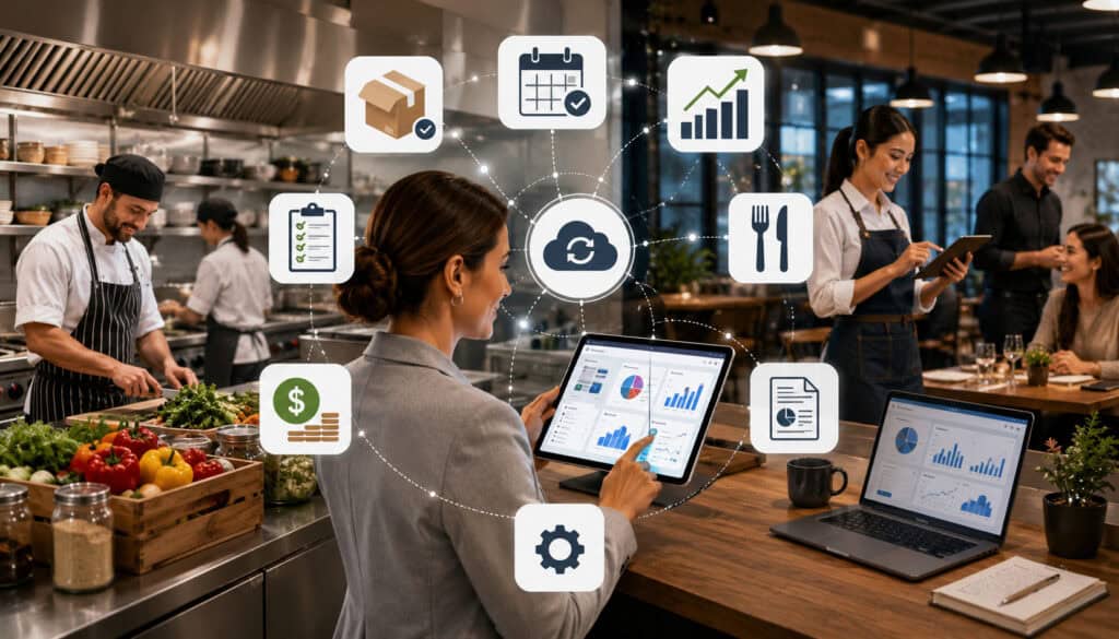 Food service manager using digital tools to streamline restaurant operations