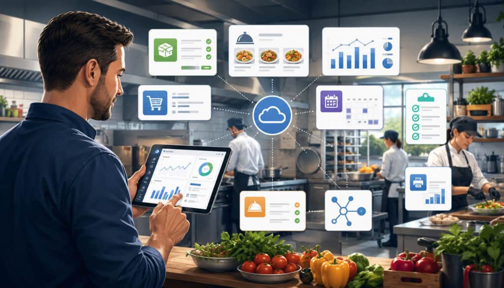 Food service manager using software features in a modern commercial kitchen