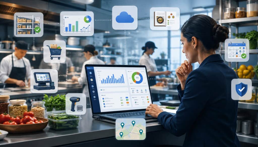 Food service manager reviewing software requirements in a commercial kitchen