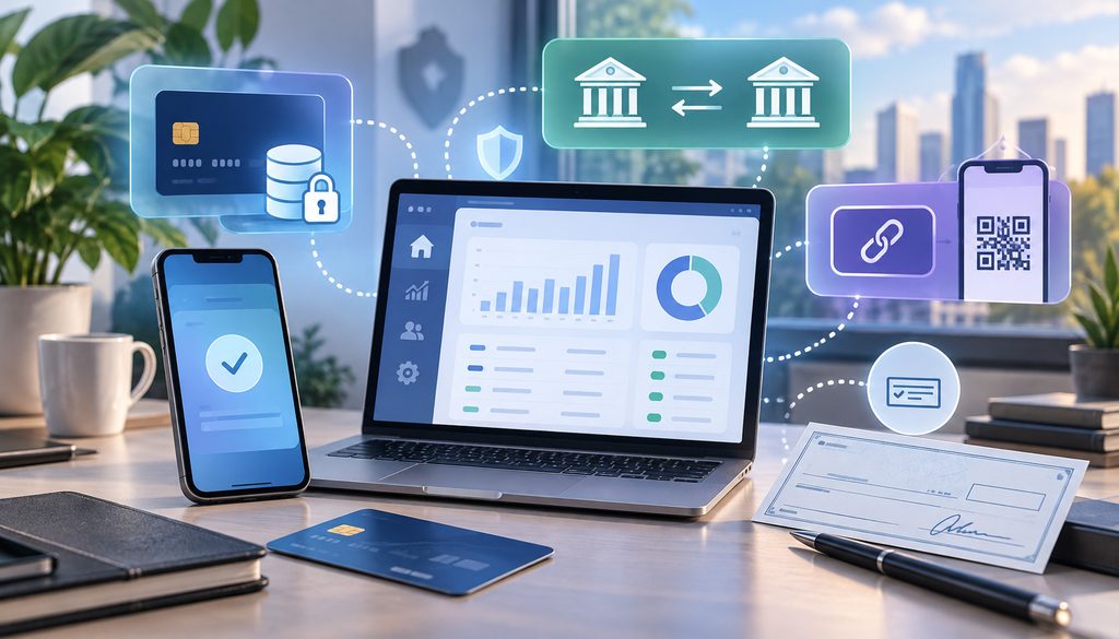 Card-on-file, ACH, payment link, and check remittance options for business payments