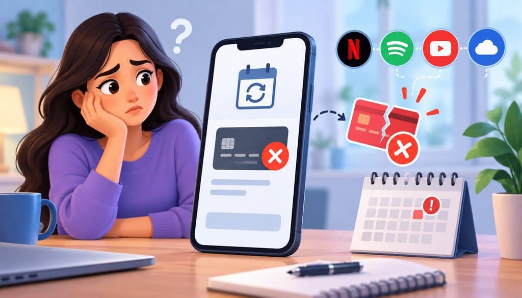 Failed weekly subscription payment with card decline and billing alert icons